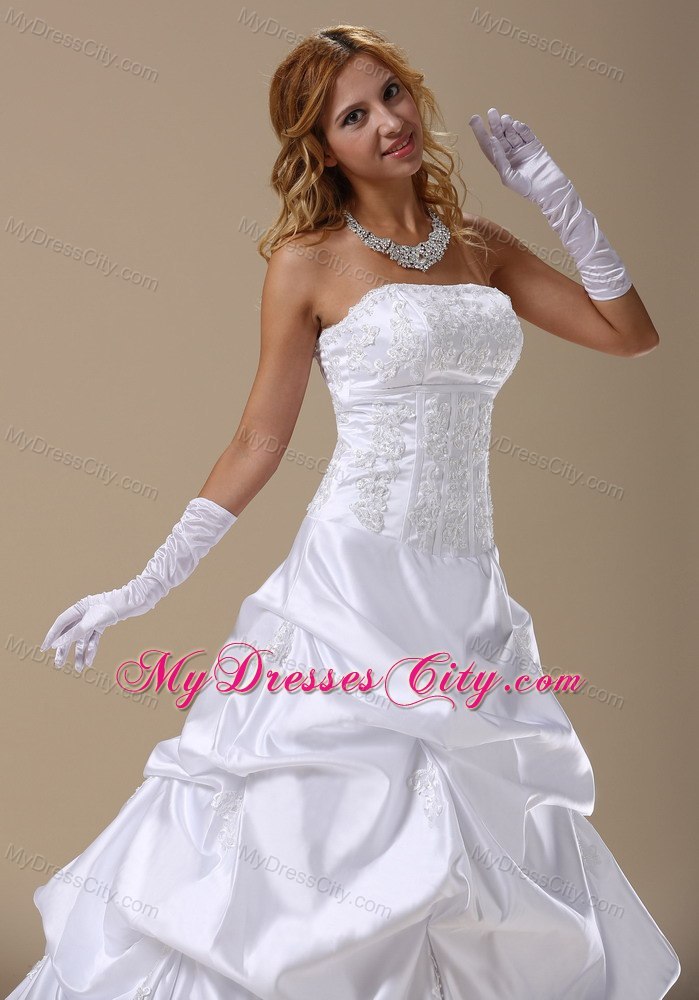 A-line Strapless Brush Train Wedding Dresses With Lace Bodice Pick-ups