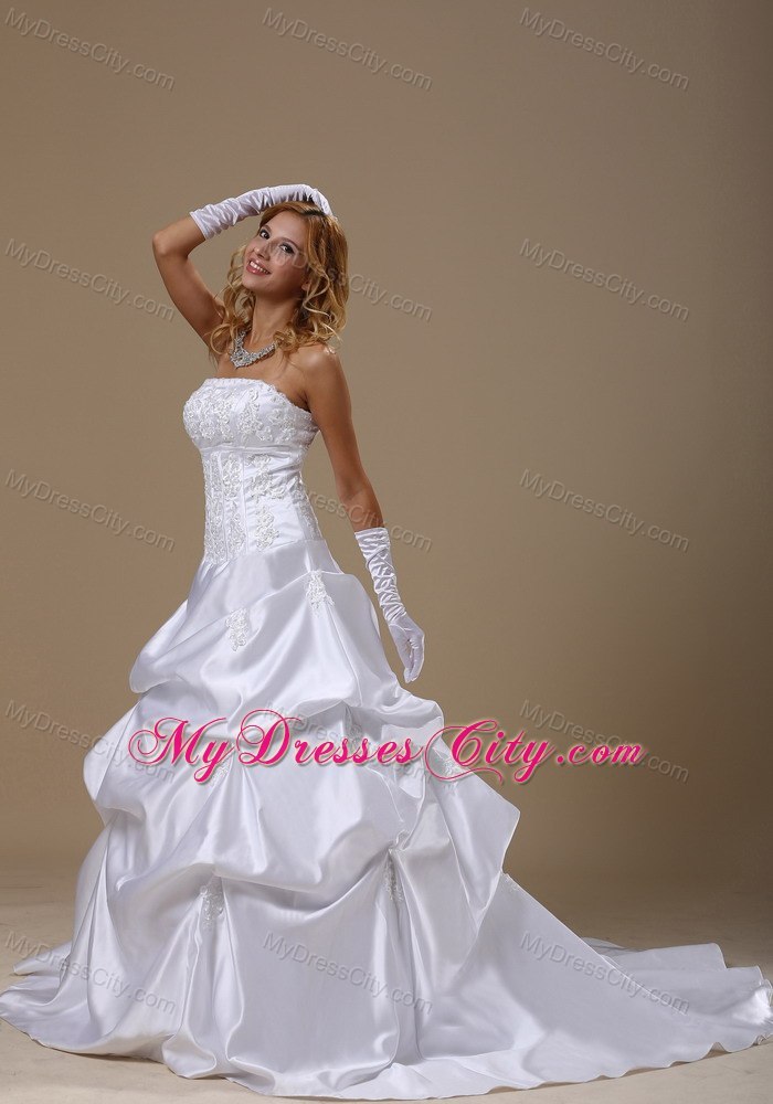 A-line Strapless Brush Train Wedding Dresses With Lace Bodice Pick-ups