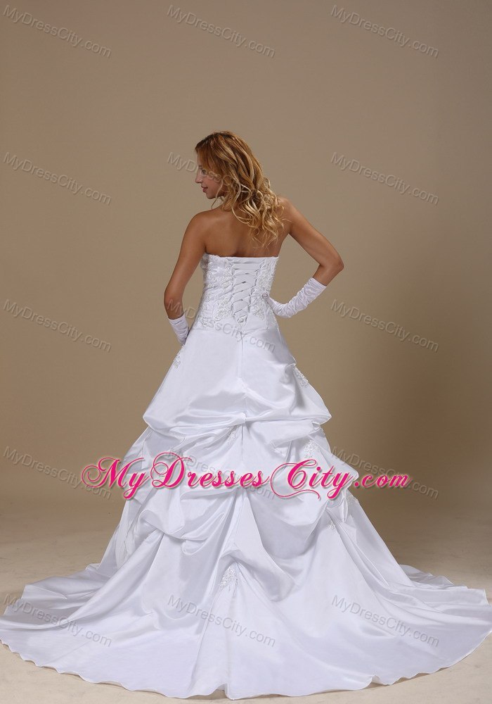 A-line Strapless Brush Train Wedding Dresses With Lace Bodice Pick-ups