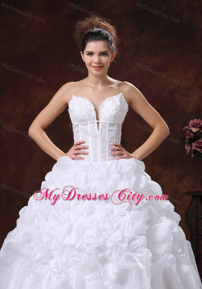 Puffy Spaghetti Straps Embroidery Decorate Bodice Long Wedding Dress