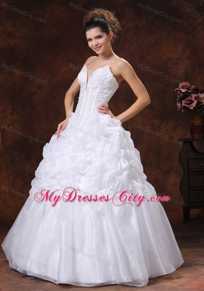 Puffy Spaghetti Straps Embroidery Decorate Bodice Long Wedding Dress