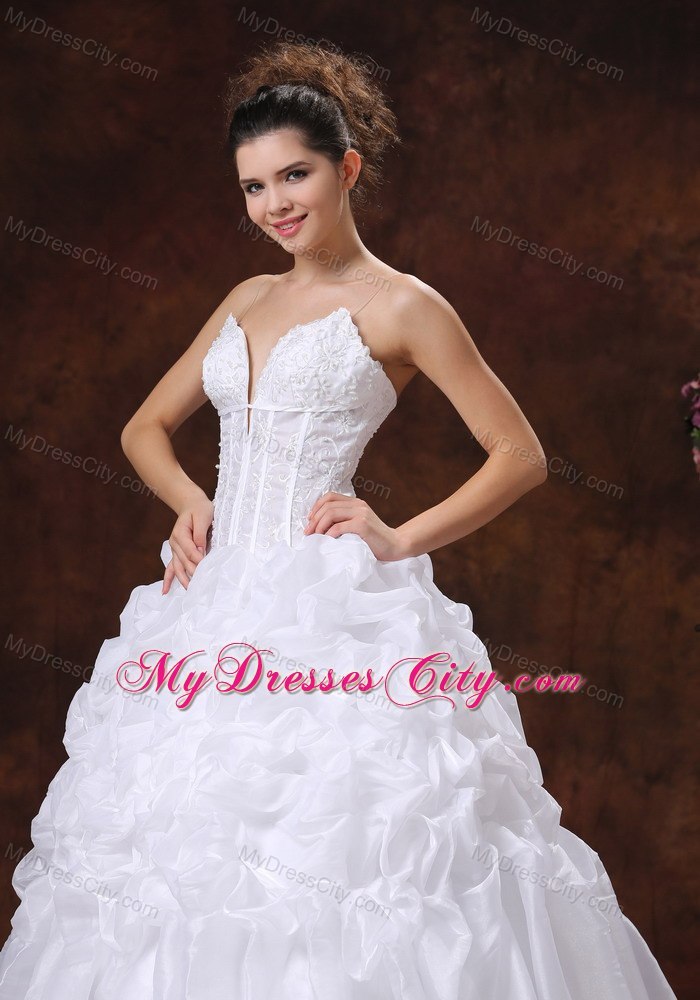 Puffy Spaghetti Straps Embroidery Decorate Bodice Long Wedding Dress