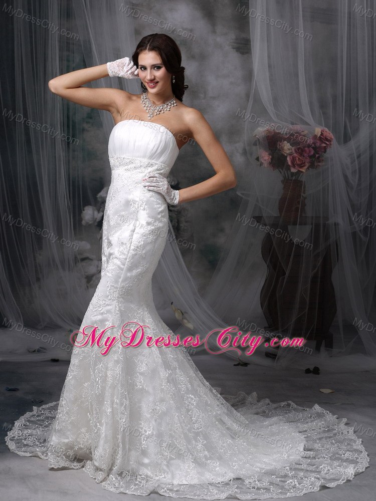 Sexy Mermaid Strapless Court Train Lace Ruching Wedding Dresses