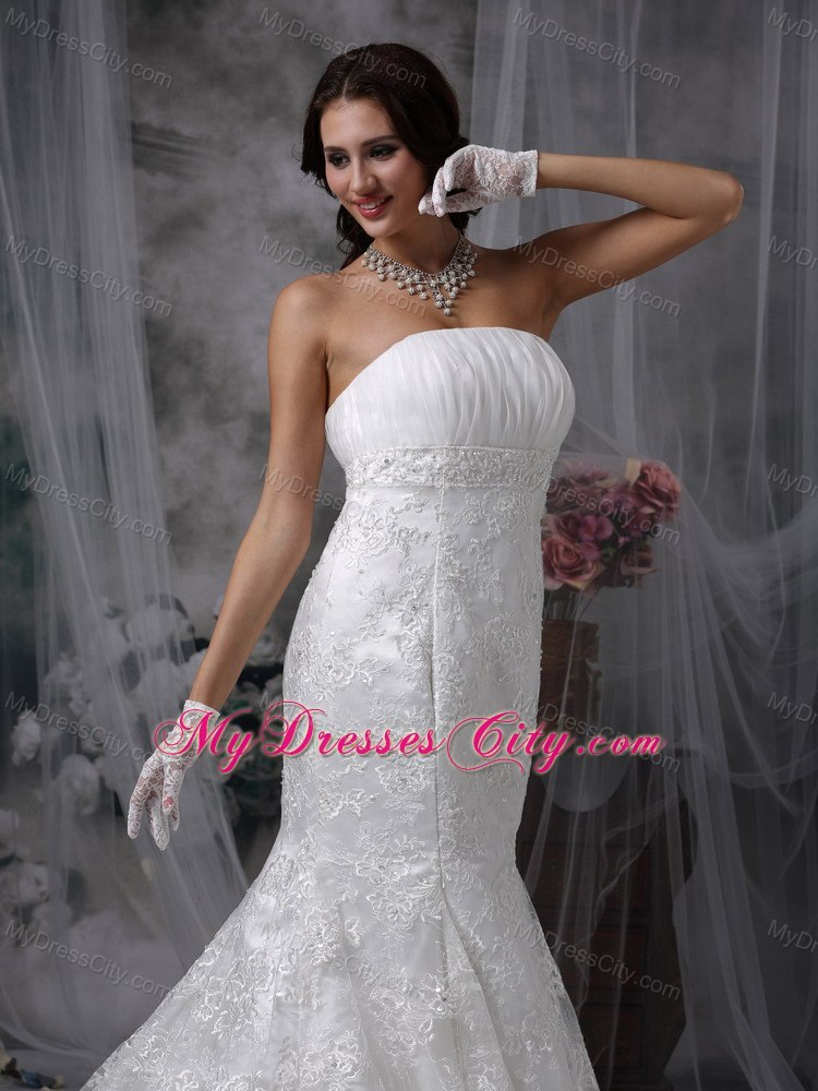 Sexy Mermaid Strapless Court Train Lace Ruching Wedding Dresses