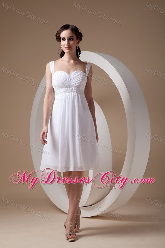 Popular White Sheath Straps Knee-length Chiffon Beaded Wedding Dresses