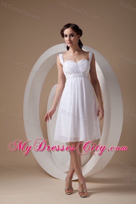 Popular White Sheath Straps Knee-length Chiffon Beaded Wedding Dresses