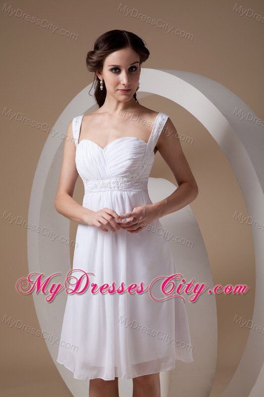 Popular White Sheath Straps Knee-length Chiffon Beaded Wedding Dresses