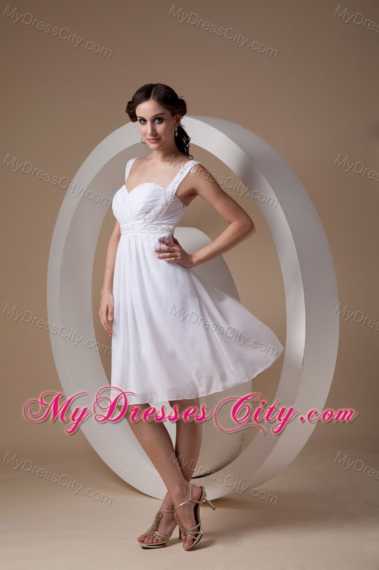 Popular White Sheath Straps Knee-length Chiffon Beaded Wedding Dresses