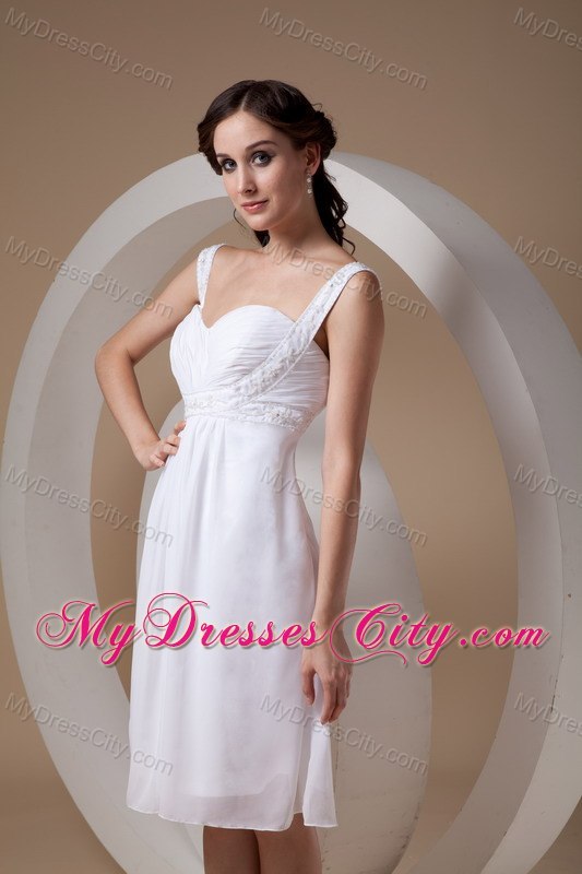 Popular White Sheath Straps Knee-length Chiffon Beaded Wedding Dresses