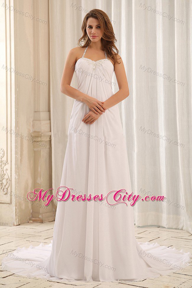 Latest Empire Halter Applique and Ruche Wedding Dress For Beach Wedding