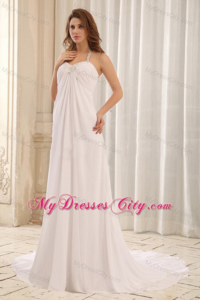 Latest Empire Halter Applique and Ruche Wedding Dress For Beach Wedding