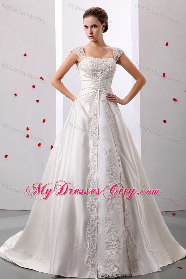 A-line Wide Straps Ruched Lace Wedding Dress Floor-length on Promotion