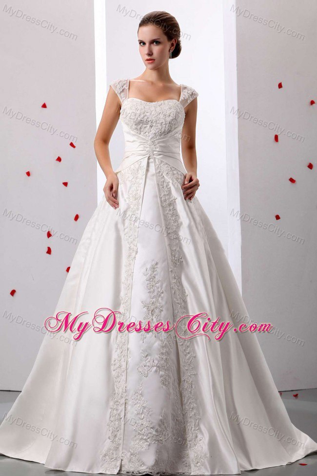 A-line Wide Straps Ruched Lace Wedding Dress Floor-length on Promotion