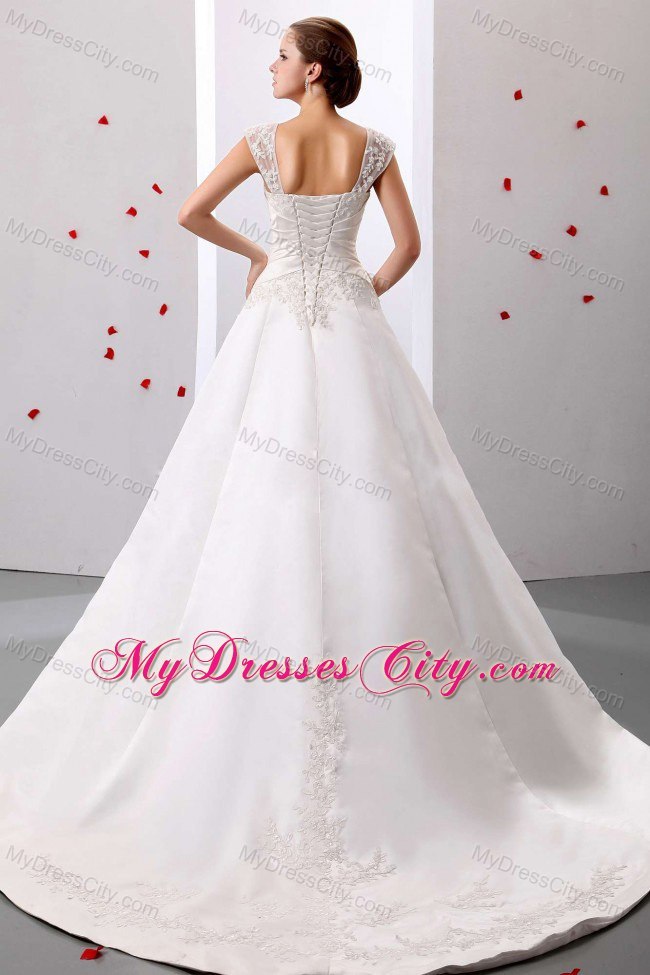 A-line Wide Straps Ruched Lace Wedding Dress Floor-length on Promotion