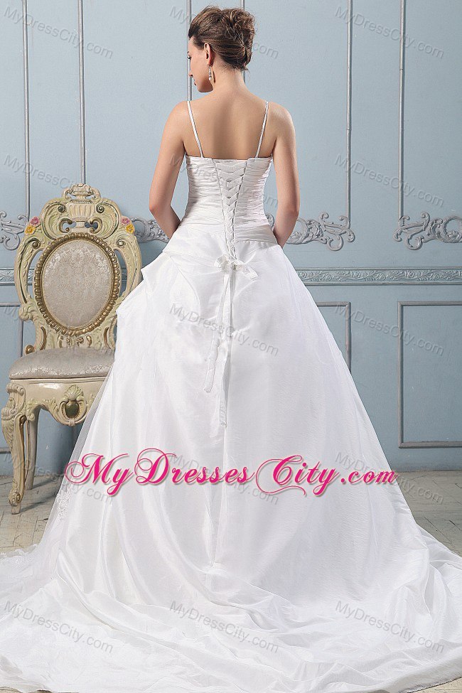 Sharp Lace A-line Ruching Spaghetti Straps Wedding Gowns for 2013 Sale