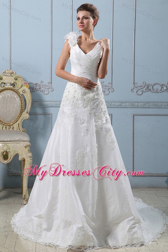 Fashionable V-neck A-line Flowery Lace Wedding Dress With Ruched Bodice