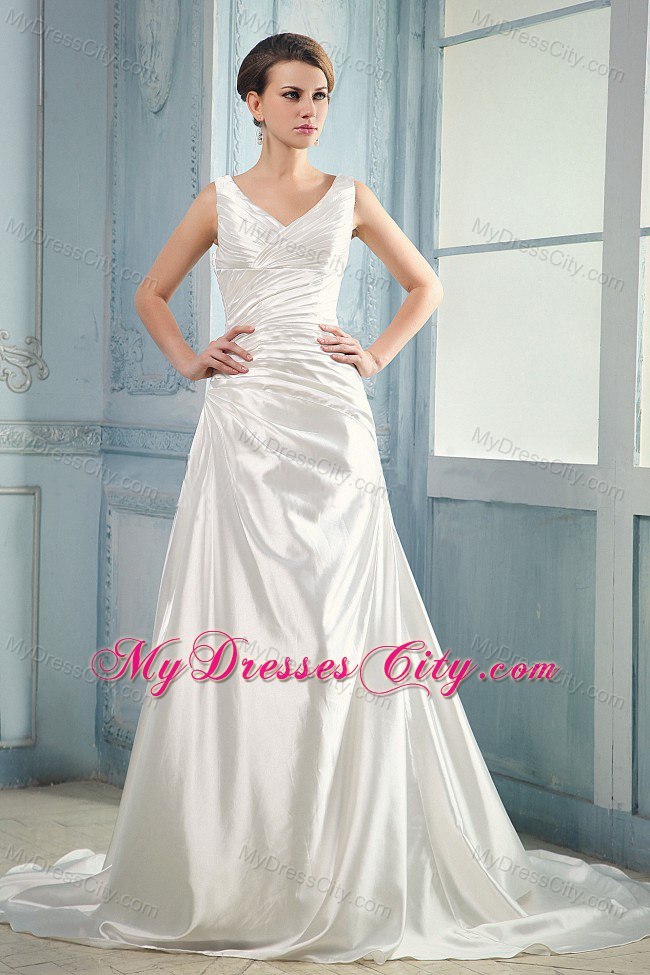 Traditional Long V-neck Ruched Taffeta Court Train Wedding Bridal Gown