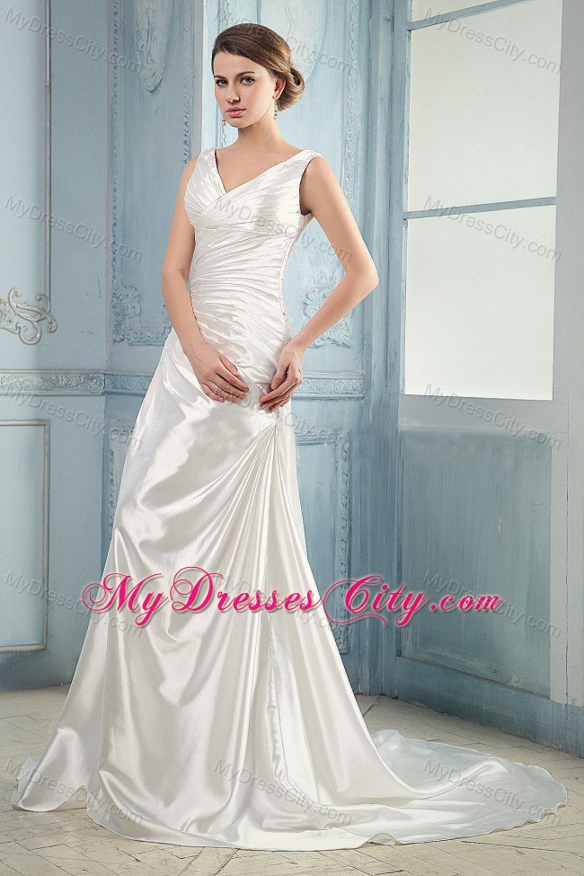 Traditional Long V-neck Ruched Taffeta Court Train Wedding Bridal Gown