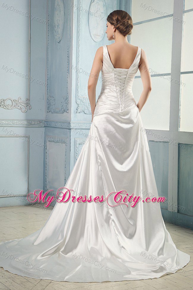 Traditional Long V-neck Ruched Taffeta Court Train Wedding Bridal Gown