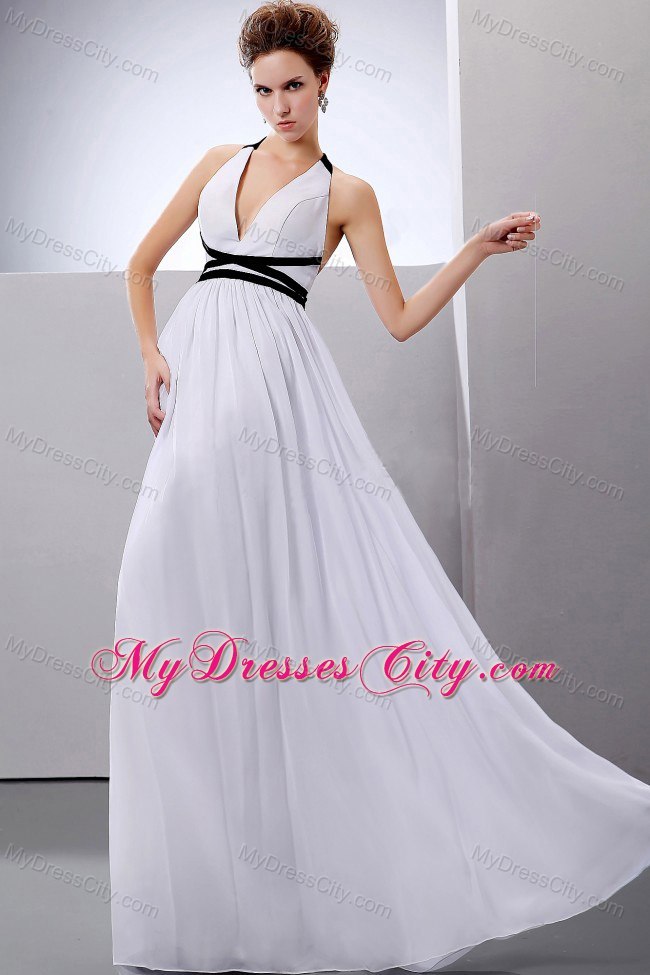 Sexy Empire Halter Top Backless White Chiffon Wedding Gown with Sashes