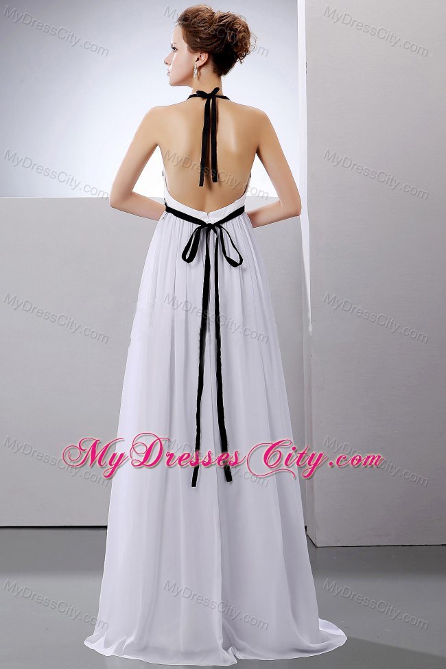 Sexy Empire Halter Top Backless White Chiffon Wedding Gown with Sashes