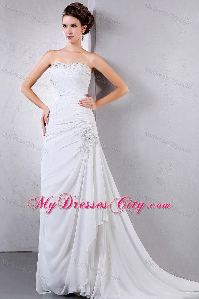 Beautiful Long Appliques and Ruching Strapless Wedding Dress With Train