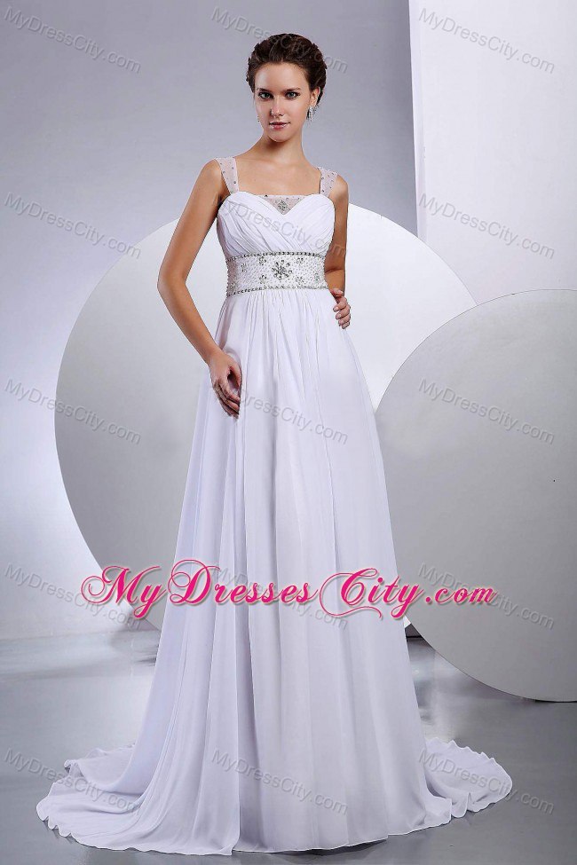 New Style Beading Empire Court Train Chiffon Wide Straps Wedding Dress