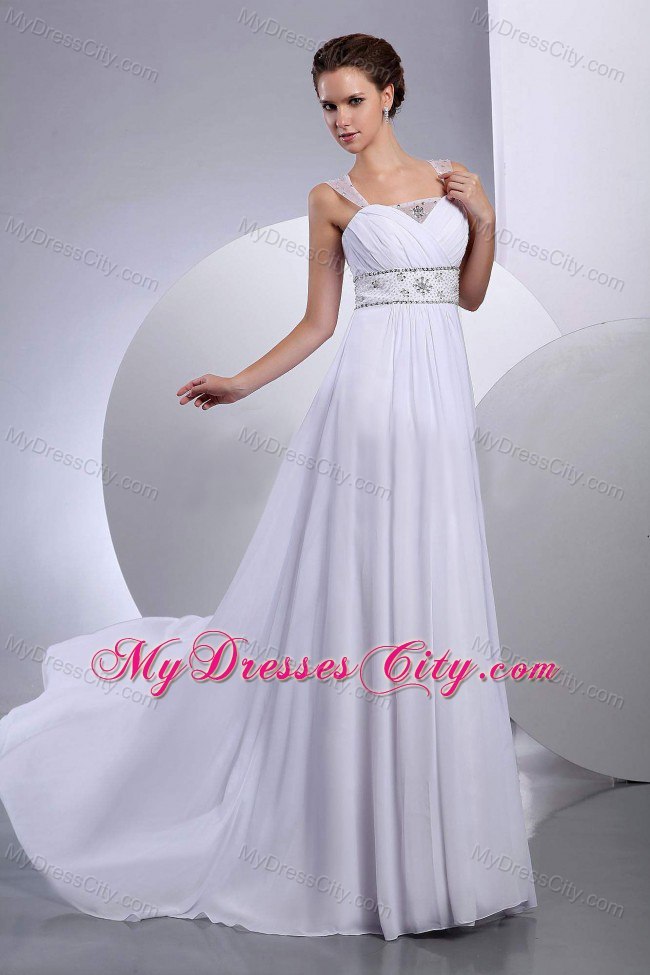 New Style Beading Empire Court Train Chiffon Wide Straps Wedding Dress