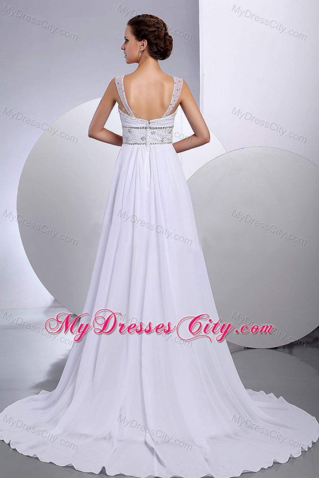 New Style Beading Empire Court Train Chiffon Wide Straps Wedding Dress