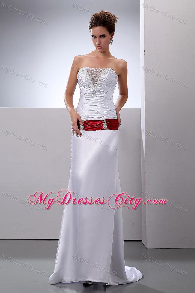 Red Sash Decorate Slinky Strapless Ruched Brush Train White Wedding Dress