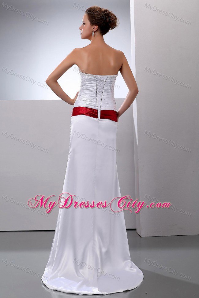 Red Sash Decorate Slinky Strapless Ruched Brush Train White Wedding Dress