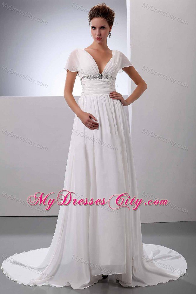 Beading V-Neck Court Train Chiffon Empire Wedding Dress with Short Sleeves