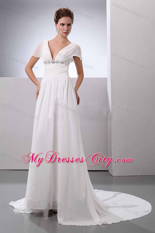 Beading V-Neck Court Train Chiffon Empire Wedding Dress with Short Sleeves