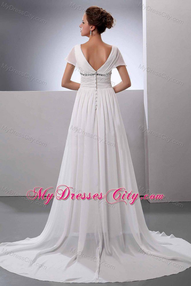 Beading V-Neck Court Train Chiffon Empire Wedding Dress with Short Sleeves