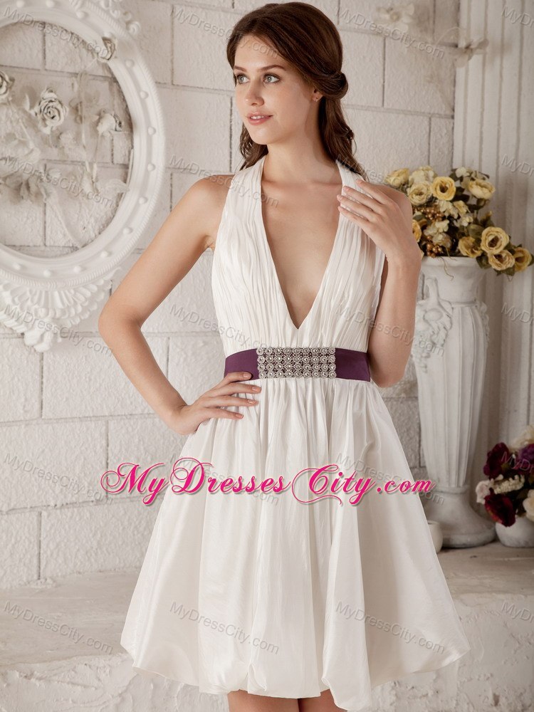 New Arrival A-line V-neck Mini-length Beading Ribboned Wedding Bridal Gown