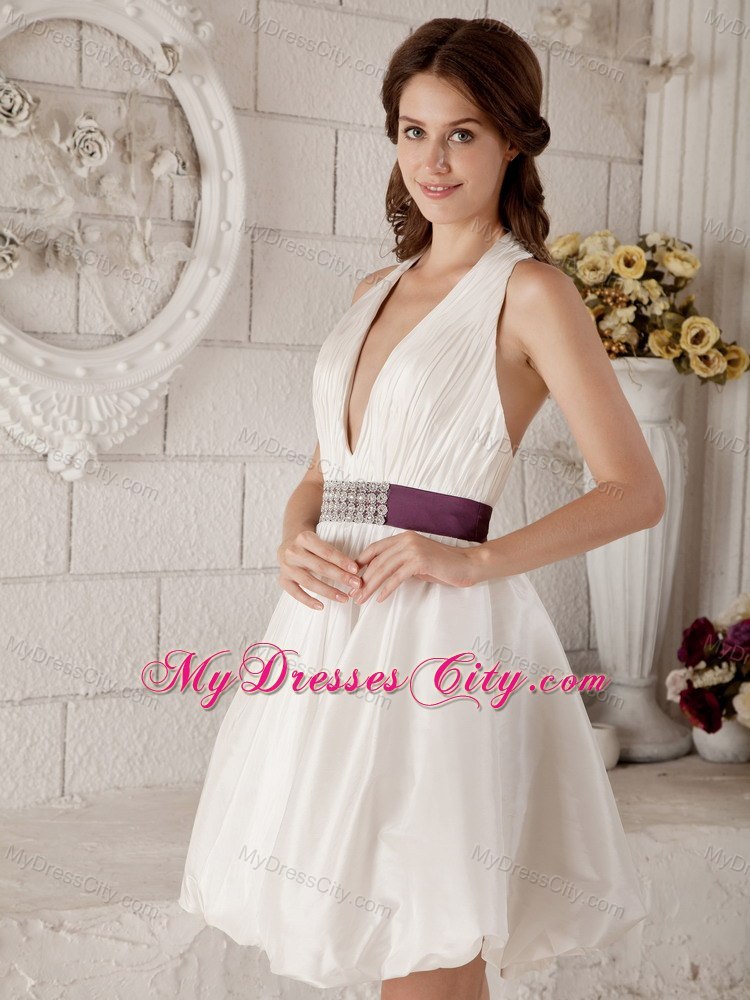 New Arrival A-line V-neck Mini-length Beading Ribboned Wedding Bridal Gown