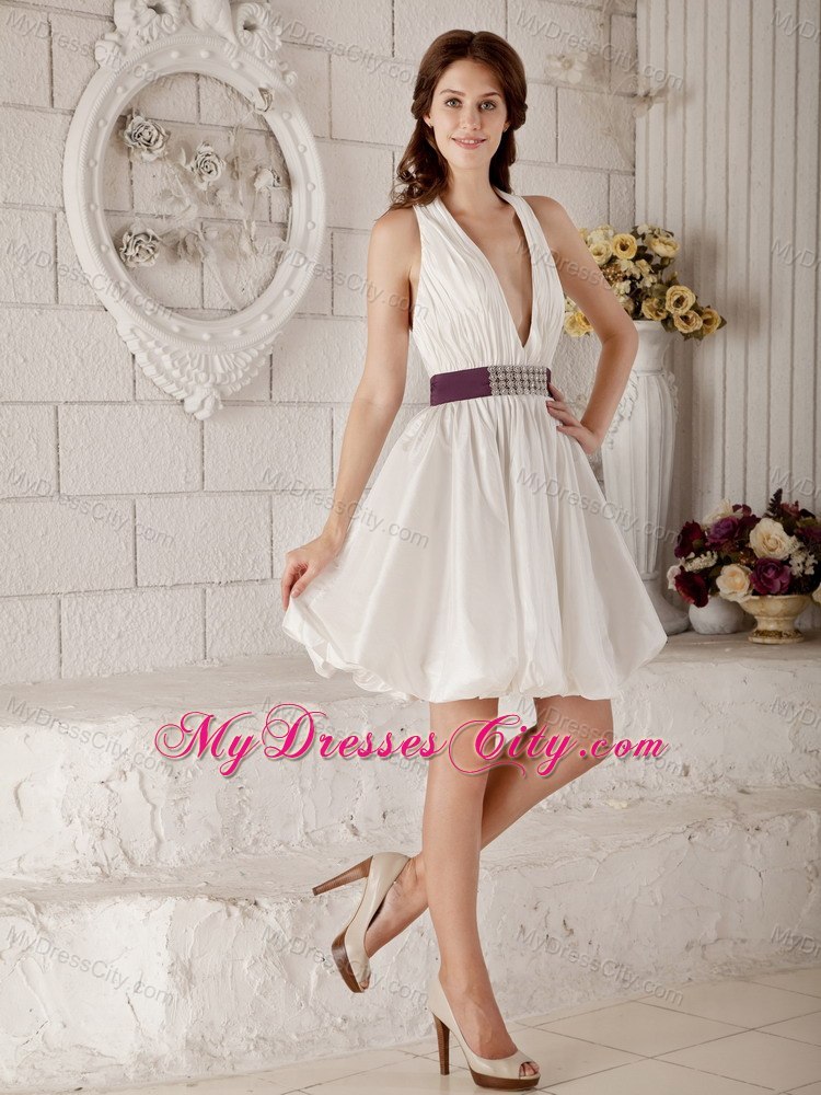 New Arrival A-line V-neck Mini-length Beading Ribboned Wedding Bridal Gown