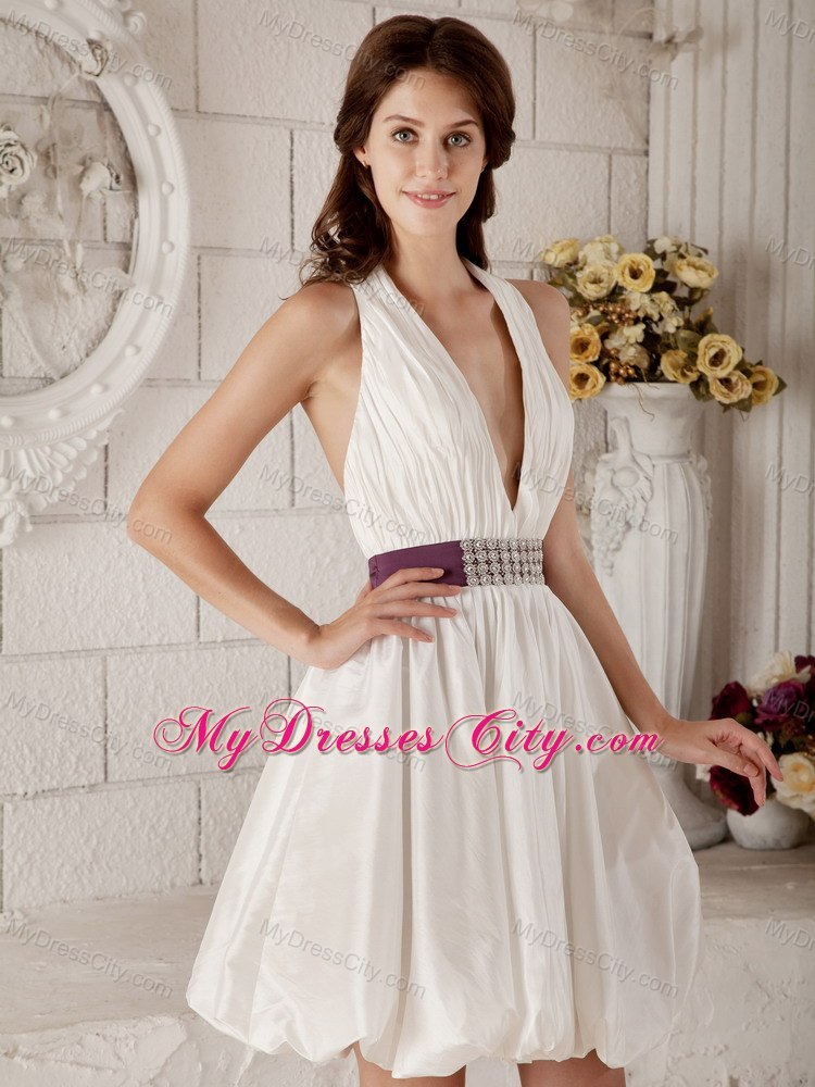 New Arrival A-line V-neck Mini-length Beading Ribboned Wedding Bridal Gown