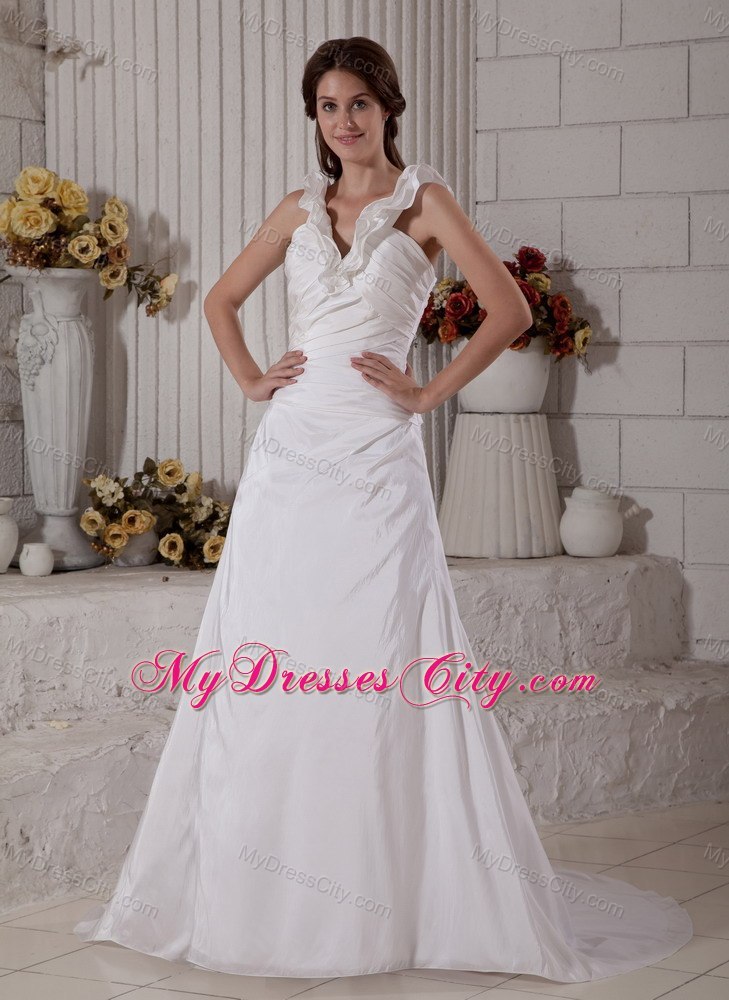 Customize Long Sheath Ruffle V-neck Brush Train Ruched Wedding Dress