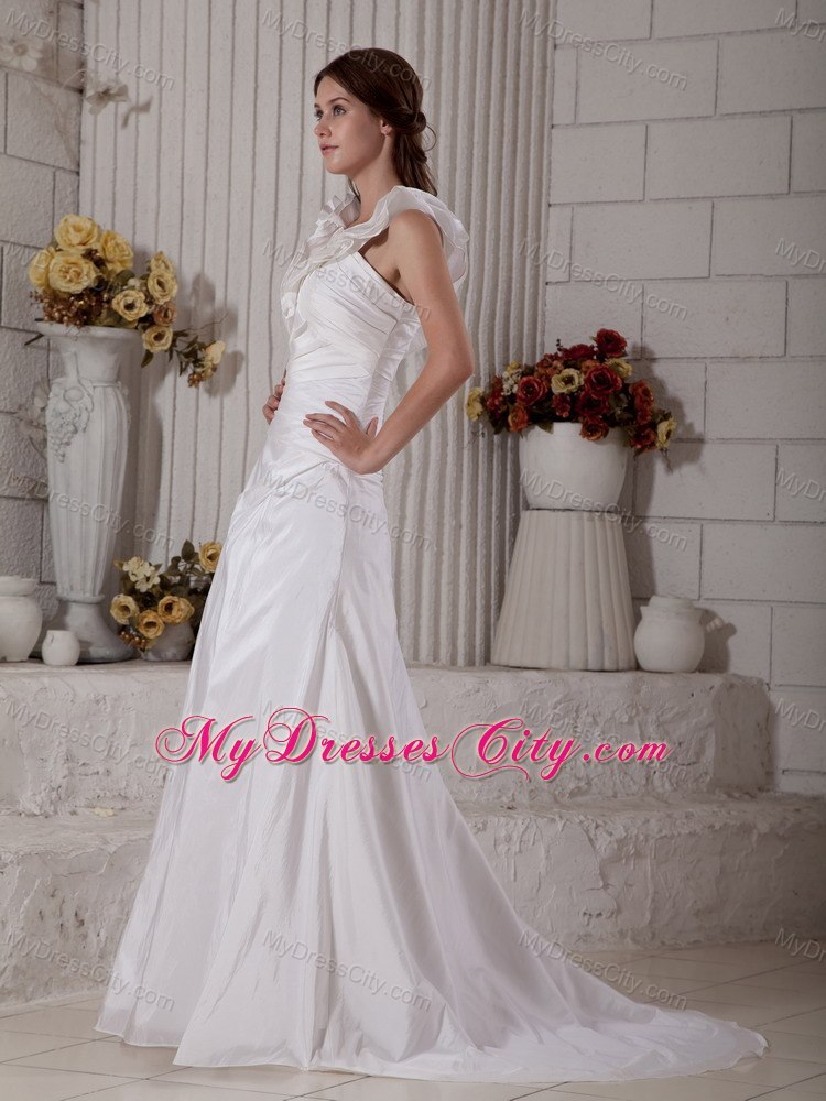 Customize Long Sheath Ruffle V-neck Brush Train Ruched Wedding Dress