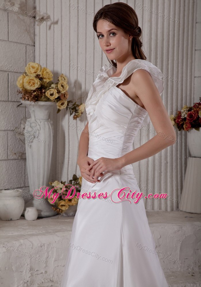 Customize Long Sheath Ruffle V-neck Brush Train Ruched Wedding Dress