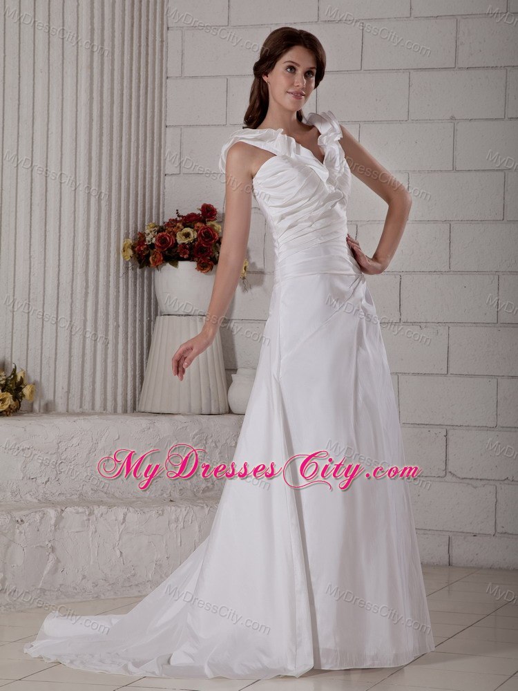 Customize Long Sheath Ruffle V-neck Brush Train Ruched Wedding Dress