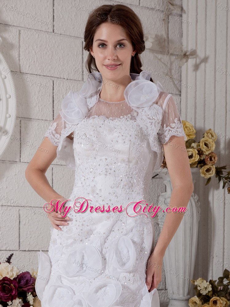 Hot sale Slinky Scoop Beading and Flowers Mini Wedding Dress with Jacket