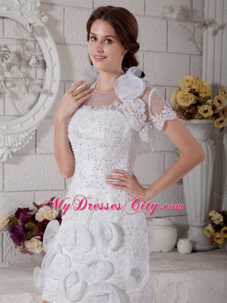 Hot sale Slinky Scoop Beading and Flowers Mini Wedding Dress with Jacket