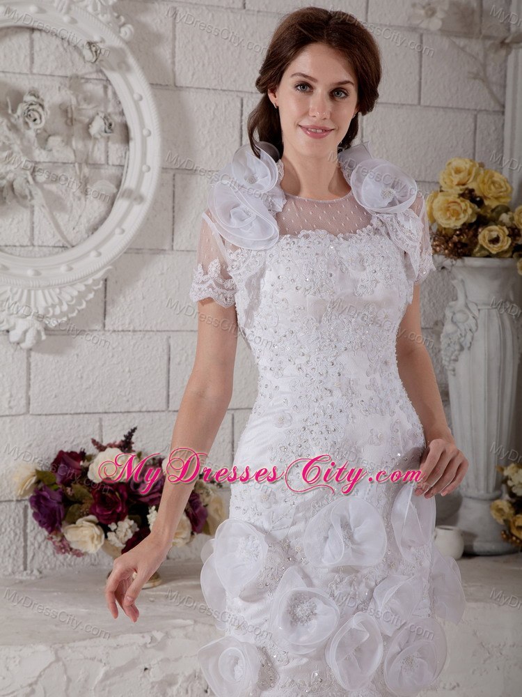 Hot sale Slinky Scoop Beading and Flowers Mini Wedding Dress with Jacket