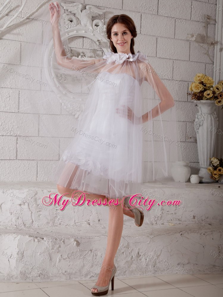 Most Popular Tulle Strapless Column Handmade Flowers Mini Wedding Dress