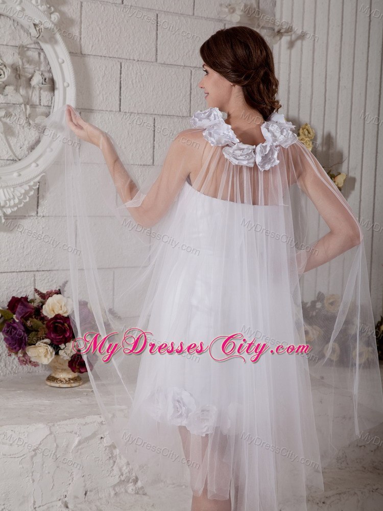 Most Popular Tulle Strapless Column Handmade Flowers Mini Wedding Dress