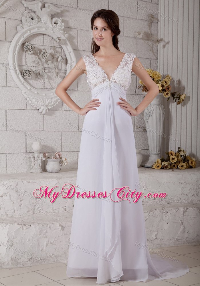 Simple V-neck Empire Chiffon and Lace Wedding Reception Dress with Train