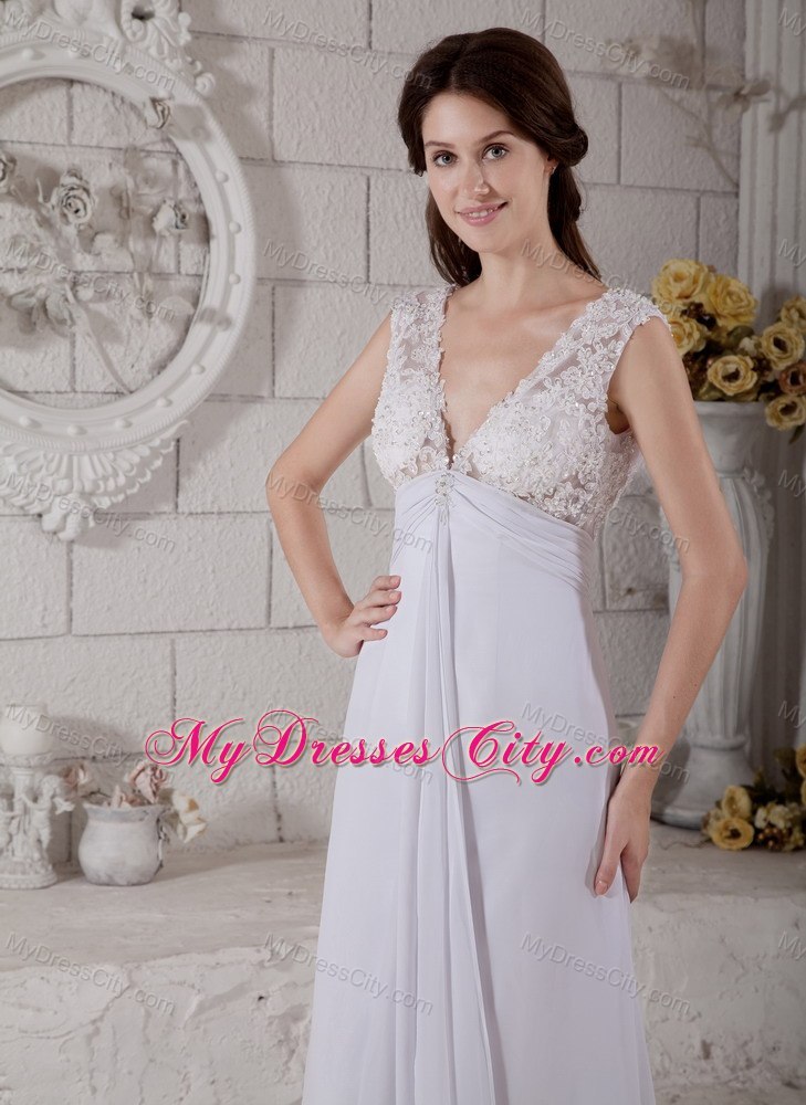 Simple V-neck Empire Chiffon and Lace Wedding Reception Dress with Train