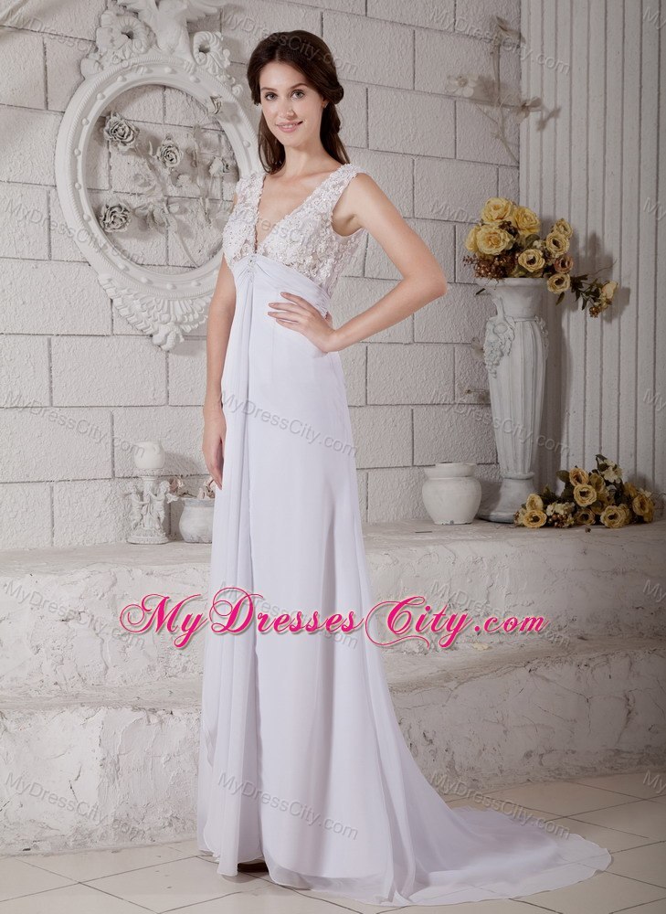 Simple V-neck Empire Chiffon and Lace Wedding Reception Dress with Train